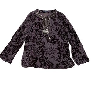 Eci New York Women's XL Y2K 90s Brown Floral Velvet Burnout‎ Long Sleeve Top